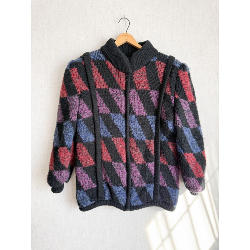 Vintage Learsi Womens Geometric Knit Cardigan Sweater Mock‎ Neck Lined Black L